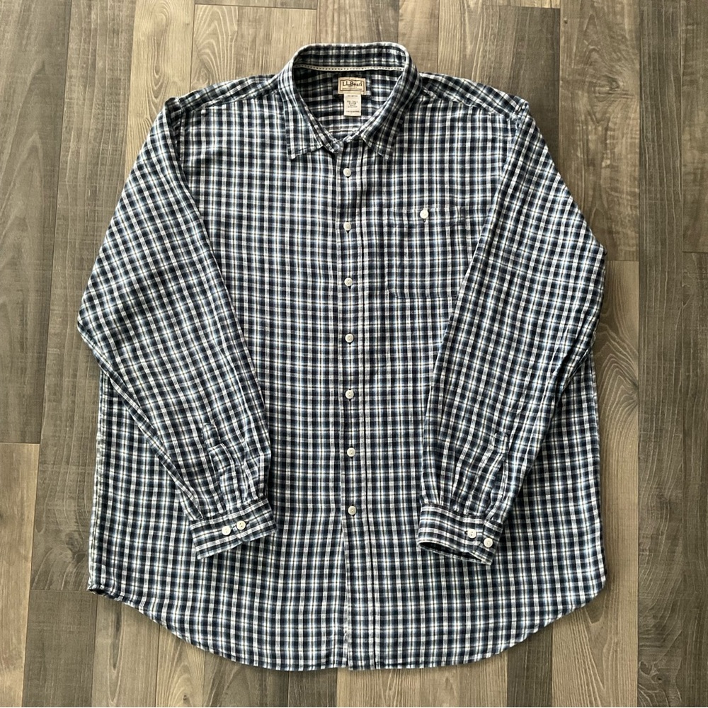 LL Bean Plaid Flannel Shirt
# 0JTQ6
Men’s Size XXL TALL
Blue Green White Plaid